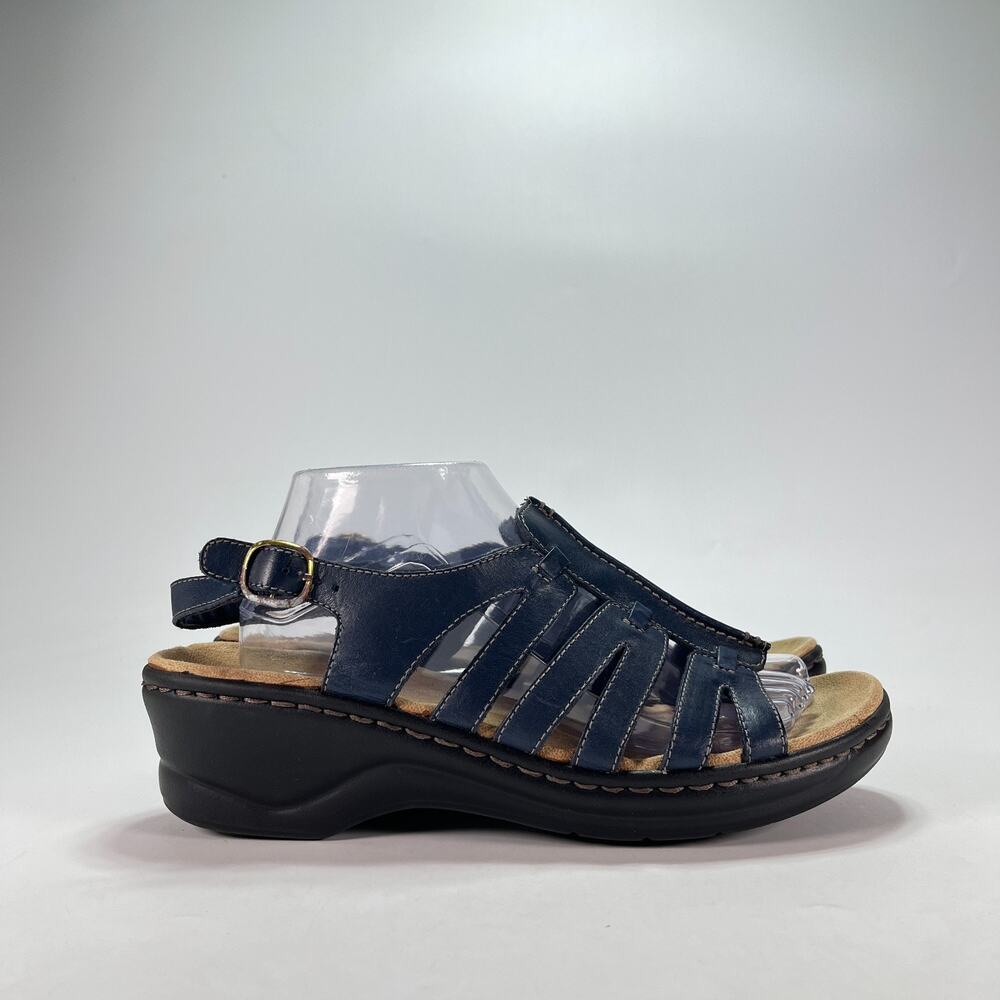 Clarks Lexi Marigold Navy Leather Casual Strappy Wedge Sandals Women's Size 10W